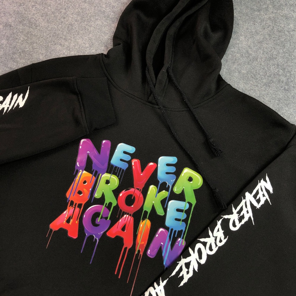 NEVER BROKE AGAIN Mens Hoodie L Black Drip Graphic Logo Pullover Sweatshirt